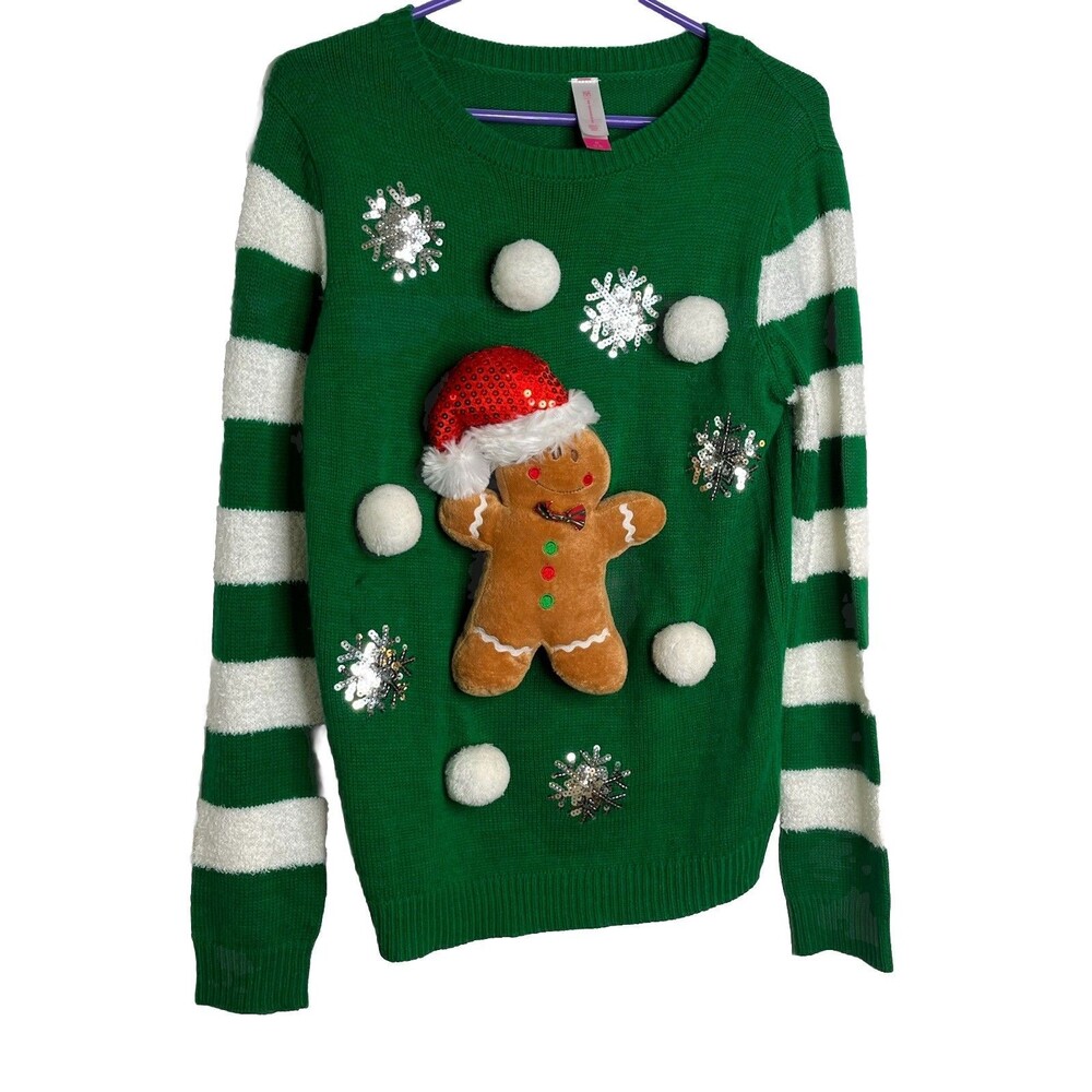No Boundaries Christmas Sweater M Pullover Tunic Ugly Sweater Gingerbread Man
